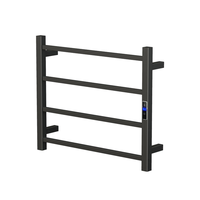 Black Electric Heated Towel Rail 4 Bar 600mm Timer & Temp Control IPX2