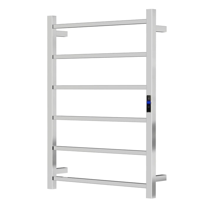 Silver Electric Heated Towel Rail 6 Bar 600mm Timer & Temp Control IPX2
