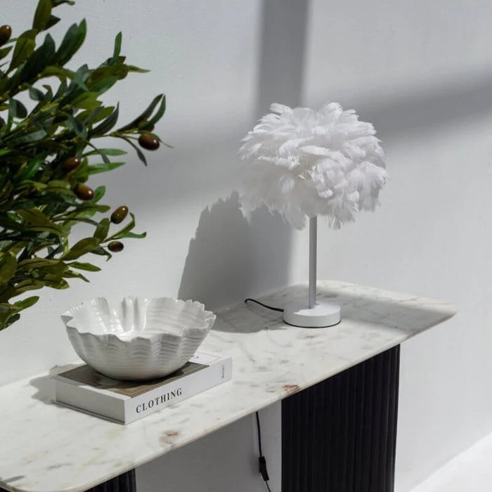 PLUMA White Table Lamp with Feather Shade – E27, 25W Max Free AKL Shipping