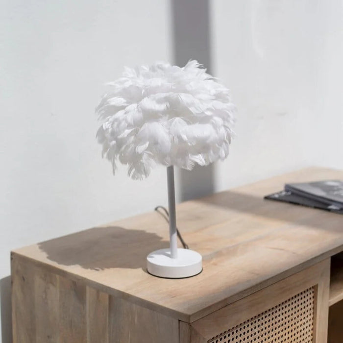 PLUMA White Table Lamp with Feather Shade – E27, 25W Max Free AKL Shipping