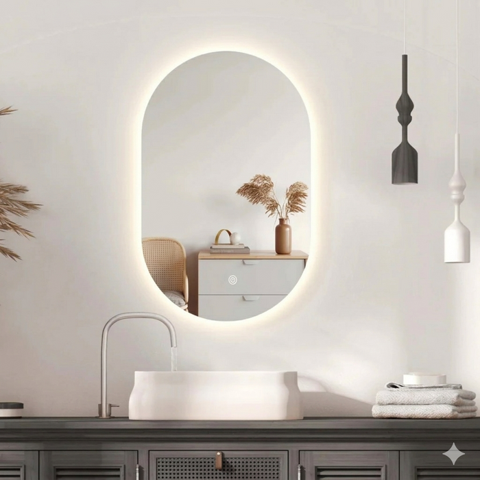 White Frameless Wax Gourd Shaped LED Mirror 500×800mm Anti-Fog