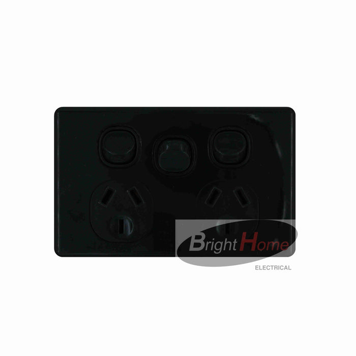 Slim Double powerpoint 10a with Extra Switch 16a (Vertical), Black base Black cover