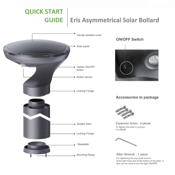 Solar LED Bollard Light 1.5W PIR Sensor 3000K IP65 Jet Black