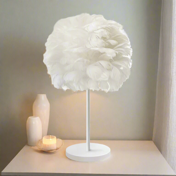 PLUMA White Table Lamp with Feather Shade – E27, 25W Max Free AKL Shipping