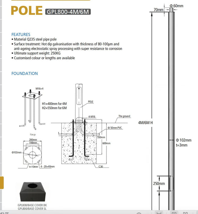 4m Steel Street Light Pole Black